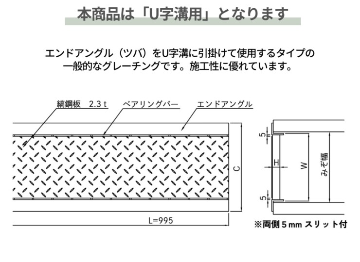 法山本店 縞鋼板付U字溝用グレーチング HUKシリーズ U字溝用です