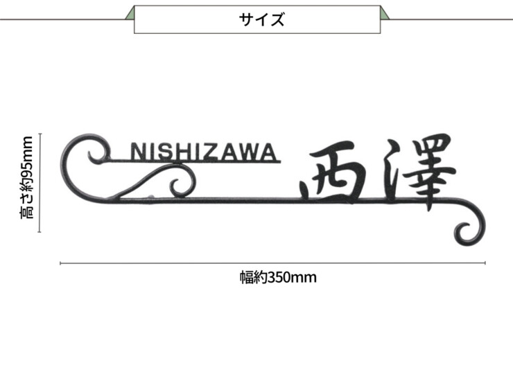 美濃クラフト アイアンクラフト表札 クラシカル IS-57-SBK（メッキ+サンドブラック塗装）サイズ