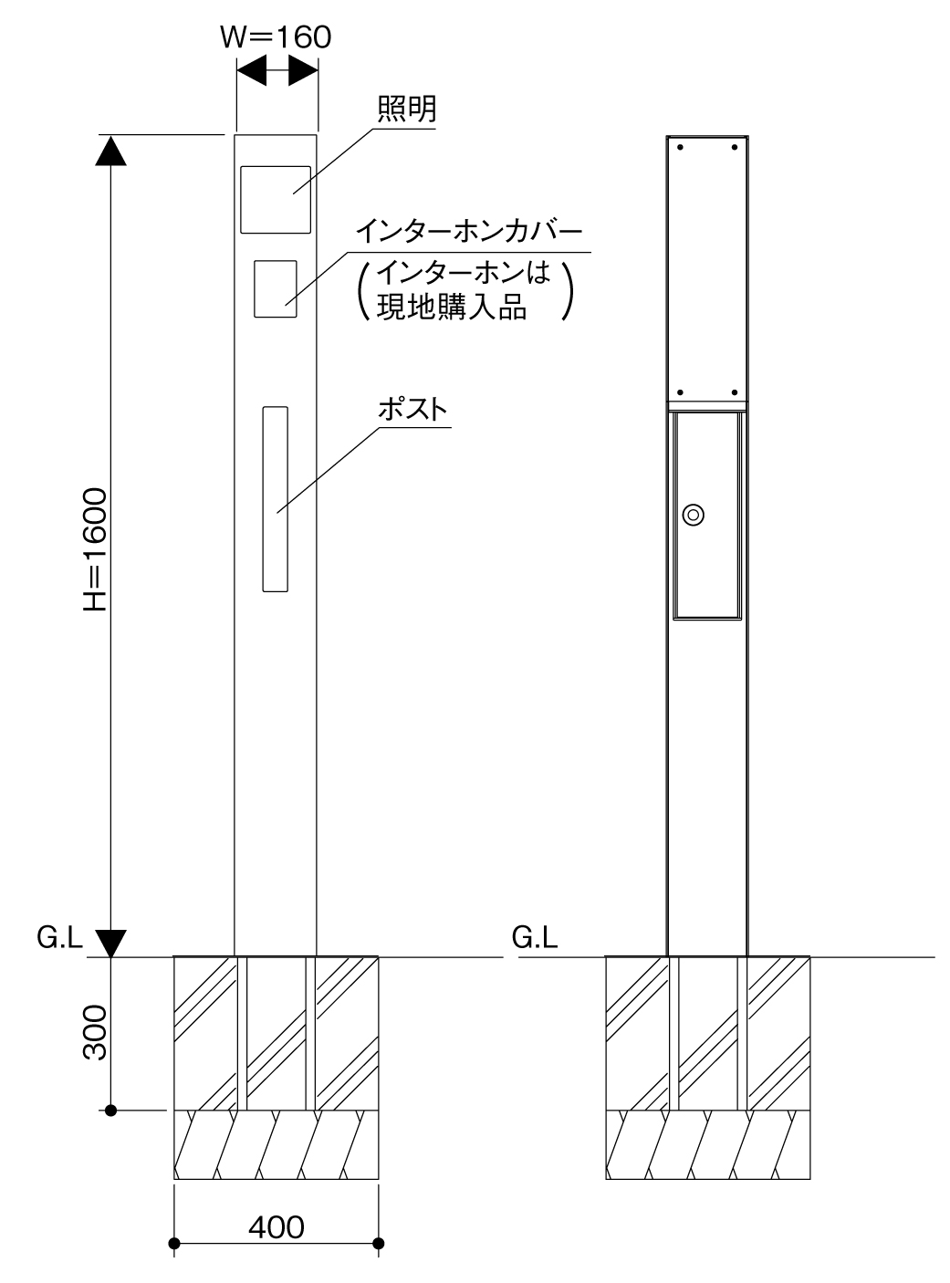 三協アルミ 機能ポール モデアⅡ 照明内蔵タイプ・ポスト前入れ後出しタイプ サイズ