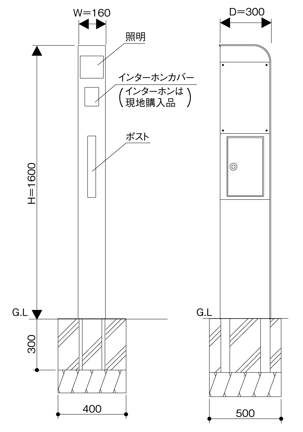 三協アルミ 機能ポール モデアⅡ 照明内蔵タイプ・ポスト前入れ横出しタイプ サイズ