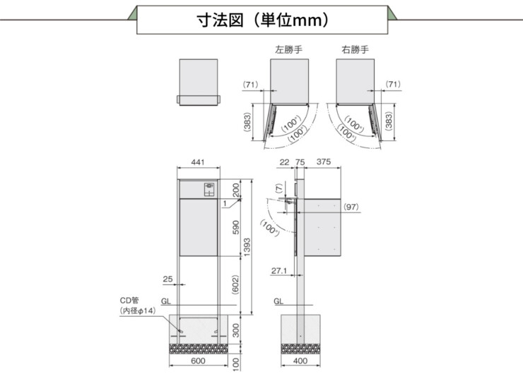 ナスタ ナスタボックス プラスポスト 門柱ユニットタイプ サイズL 前入れ前出し サイズ