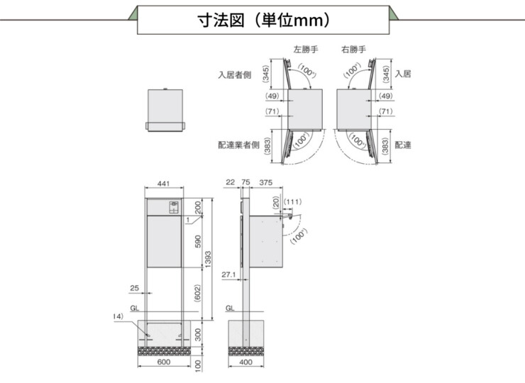 ナスタ ナスタボックス プラスポスト 門柱ユニットタイプ サイズL 前入れ後出し サイズ