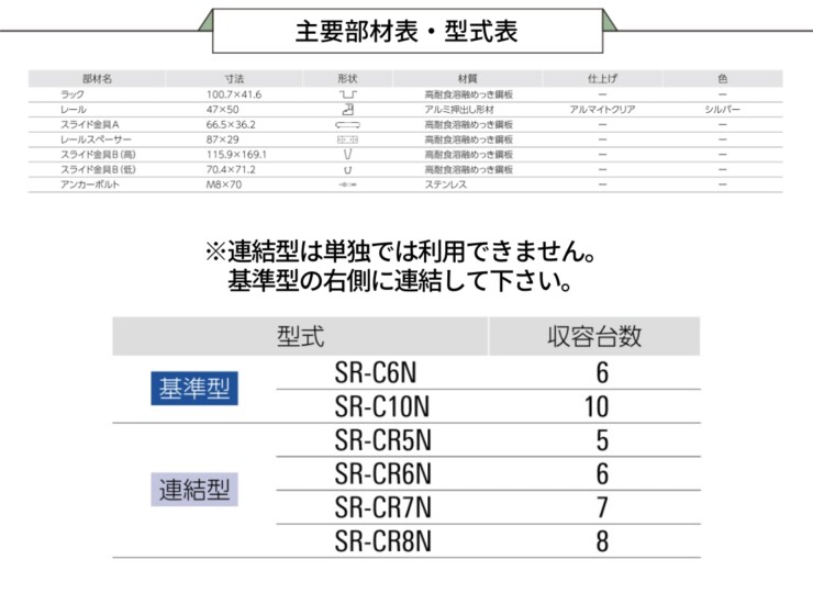 ダイケン 自転車ラック スライド式ラック SR-CNタイプ 主要部材表