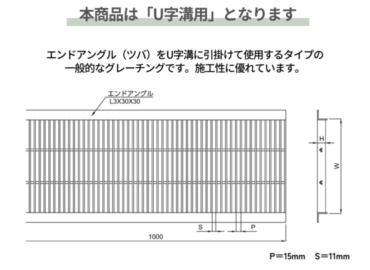 法山本店 ステンレス製U字溝グレーチング ローレットタイプ P＝15 YFU-R-4シリーズ 本製品はU字溝用となります